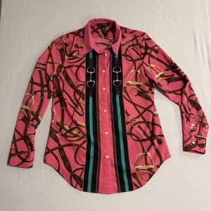 Lauren Ralph Lauren Top Womens M Pink Equestrian Bit Bridle Horse Tack Preppy